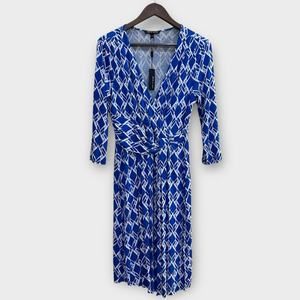 Cable & Gauge Blue White Diamond Print Jersey Dress Jersey Faux Wrap Dress